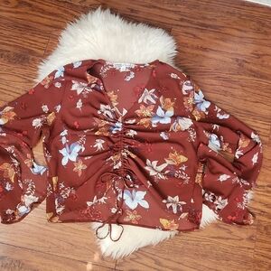 Gypsys & Moondust Rust Floral Ruched Front Bell Sleeve Blouse